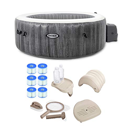 Intex 28439E Greywood Deluxe 4 Person Inflatable Spa Hot Tub with LED Light, Grey Bundled with Type S1 Pool Filter Cartridges, Attachable Cup Holder/Tray, and Inflatable Headrest