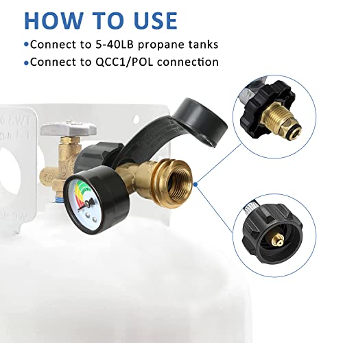 ATKKE Propane Tank Gauge Level Indicator Connector Leak Detector with QCC/Type 1 Connection (2 Pack), Gas Grill Indicator Pressure Meter Gauge for 5-40lb Propane Tanks for BBQ, RV Camper