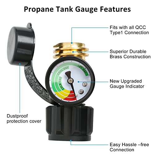 ATKKE Propane Tank Gauge Level Indicator Connector Leak Detector with QCC/Type 1 Connection (2 Pack), Gas Grill Indicator Pressure Meter Gauge for 5-40lb Propane Tanks for BBQ, RV Camper