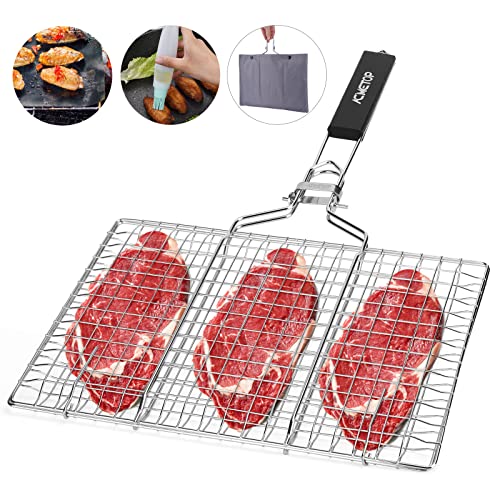 ACMETOP Portable BBQ Grill Basket Stainless Steel Fish Grill Basket with Removable Handle, Grill Accessories for Outdoor Grill Vegetables Fishes Shrimp -【Bonus Grill Mat, Sauce Brush & Carrying Pouch】