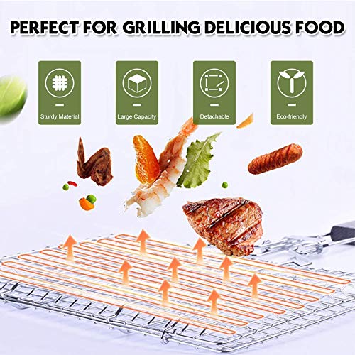 ACMETOP Portable BBQ Grill Basket Stainless Steel Fish Grill Basket with Removable Handle, Grill Accessories for Outdoor Grill Vegetables Fishes Shrimp -【Bonus Grill Mat, Sauce Brush & Carrying Pouch】