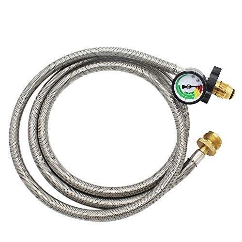 MENSI Update New Braided Propane Hose with Temperature Pressure Gauge Convert 1lb Portable Appliances to 5-40lb Tank Cylinder (POL CGA Type for 50-100lbs Cylinder)