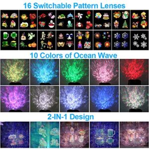 Christmas Light Projector Outdoor,Holiday Projector Lights with 3D Ocean Wave & 26 HD Slides,Waterproof,Remote Control,Timer,Indoor Halloween Projector Lights for Xmas Party Landscape Decorations