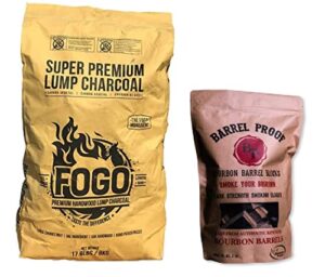 fogo super premium hardwood lump charcoal, natural large sized lump charcoal, 17.6 pound bag and fogo barrel proof bourbon barrel blocks, 2 pound resealable bag, bundle