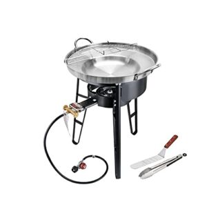 Aramco 22 in Large Mexican Style Wok Concave Comal Griddle Outdoor Cooking Disc Wok Stainless Steel 5pc Set High Pressure Propane Fire Burner Stand,Silver Black Stand