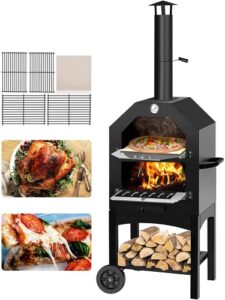 waleaf outdoor pizza oven, wood fired pizza oven for outside with grill, 12 in pizza stone and wheels, pizza maker camping cooker with 2 layer steel for backyard party