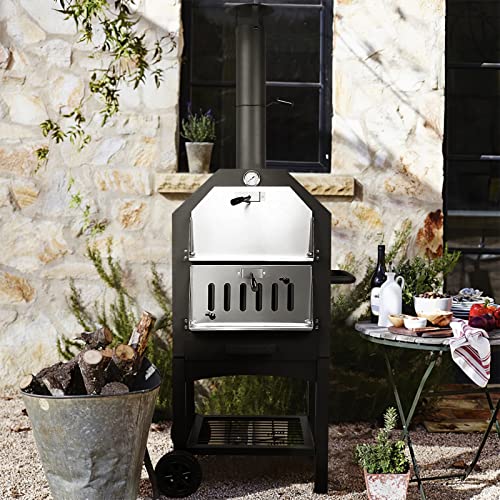 Waleaf Outdoor Pizza Oven, Wood Fired Pizza Oven for Outside with Grill, 12 in Pizza Stone and Wheels, Pizza Maker Camping Cooker with 2 Layer Steel for Backyard Party