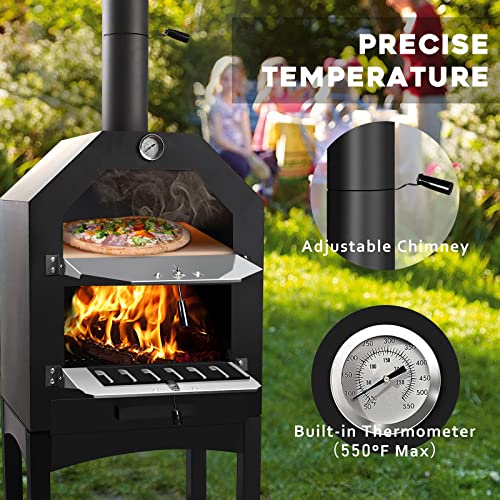 Waleaf Outdoor Pizza Oven, Wood Fired Pizza Oven for Outside with Grill, 12 in Pizza Stone and Wheels, Pizza Maker Camping Cooker with 2 Layer Steel for Backyard Party