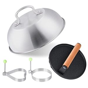 newanovi griddle accessories kit, 9 inch stainless steel basting cover burger cover, 7 inch heavy duty cast iron round grill press and 2 egg rings, perfect for flat top hibachi grill, outdoor bbq