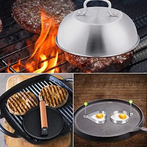 NEWANOVI Griddle Accessories Kit, 9 Inch Stainless Steel Basting Cover Burger Cover, 7 Inch Heavy Duty Cast Iron Round Grill Press and 2 Egg Rings, Perfect for Flat Top Hibachi Grill, Outdoor BBQ