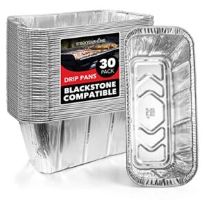 stock your home foil grill drip pan (30 pack) compatible with blackstone’s 28”, 30”, & 36” bbq griddle + 17” & 22” tabletop range- disposable aluminum oil catcher tray, blackstone grease cup liners