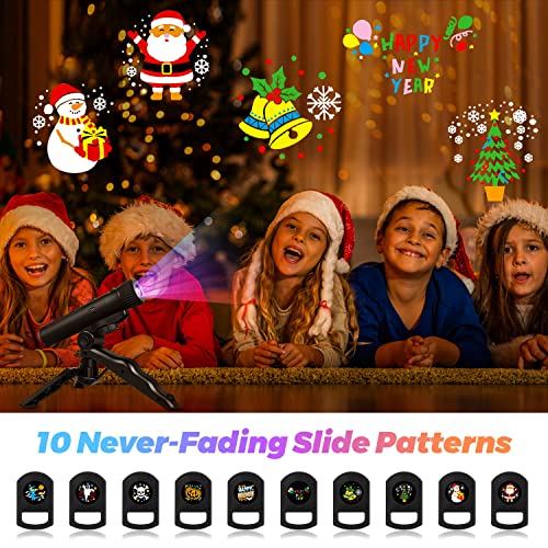 Christmas Projector Lights Indoor 2 in 1 LED Projector Light Flashlight with 10 HD Never-Fading Patterns Home Xmas Halloween New Year Decorations