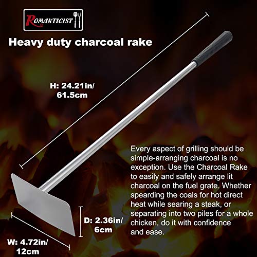 ROMANTICIST Heavy Duty Stainless Steel Ash Tool Rake with 24” Long Rubber Handle for Big Green Egg Kamado Joe and Other Charcoal Grills - Wood Burning Stove Charcoal Pellet Poker Grilling Accessories