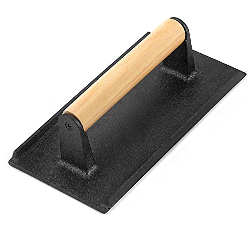 Bacon Hamburger Press for Griddle Flat Top Teppanyaki, HaSteeL Pre Seasoned 8 x 4In Cast Iron Grill Weight with Wooden Handle, Perfect for BBQ Steaks Pannis Sandwiches Meats - 1Pk