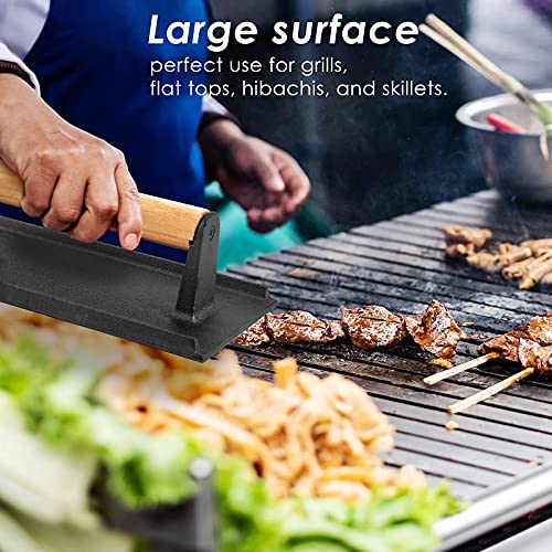 Bacon Hamburger Press for Griddle Flat Top Teppanyaki, HaSteeL Pre Seasoned 8 x 4In Cast Iron Grill Weight with Wooden Handle, Perfect for BBQ Steaks Pannis Sandwiches Meats - 1Pk