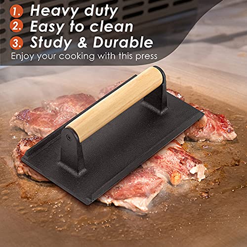 Bacon Hamburger Press for Griddle Flat Top Teppanyaki, HaSteeL Pre Seasoned 8 x 4In Cast Iron Grill Weight with Wooden Handle, Perfect for BBQ Steaks Pannis Sandwiches Meats - 1Pk