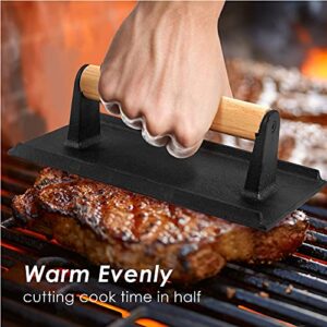 Bacon Hamburger Press for Griddle Flat Top Teppanyaki, HaSteeL Pre Seasoned 8 x 4In Cast Iron Grill Weight with Wooden Handle, Perfect for BBQ Steaks Pannis Sandwiches Meats - 1Pk