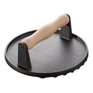 cast iron grill press, safe-touch comfort-grip wood handle,8 inch,heavy-duty round bacon steak and burger press for griddle, outdoor grill, panini, tortilla