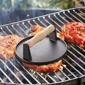Cast Iron Grill Press, Safe-Touch Comfort-Grip Wood Handle,8 inch,Heavy-Duty Round Bacon Steak and Burger Press for Griddle, Outdoor Grill, Panini, Tortilla