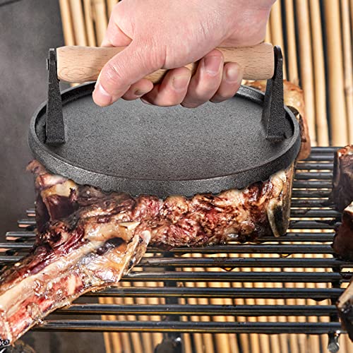 Cast Iron Grill Press, Safe-Touch Comfort-Grip Wood Handle,8 inch,Heavy-Duty Round Bacon Steak and Burger Press for Griddle, Outdoor Grill, Panini, Tortilla