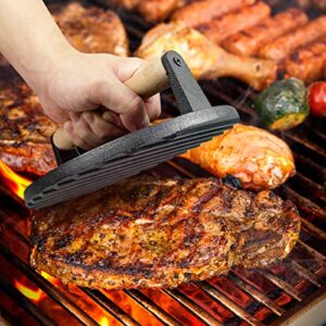 Cast Iron Grill Press, Safe-Touch Comfort-Grip Wood Handle,8 inch,Heavy-Duty Round Bacon Steak and Burger Press for Griddle, Outdoor Grill, Panini, Tortilla