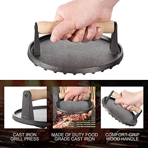 Cast Iron Grill Press, Safe-Touch Comfort-Grip Wood Handle,8 inch,Heavy-Duty Round Bacon Steak and Burger Press for Griddle, Outdoor Grill, Panini, Tortilla