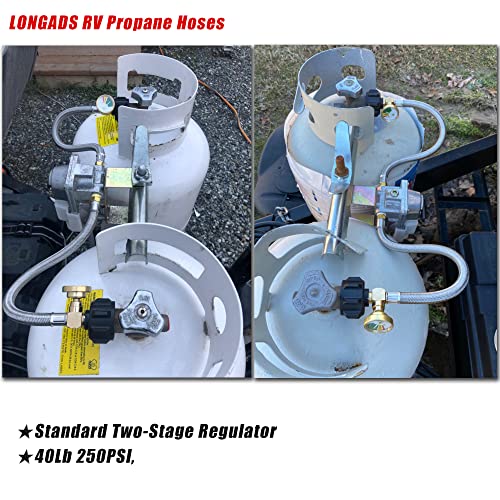 LONGADS 2 Packs 15 inch RV Propane Hoses with Gauge, Stainless Steel Braided Camper Tank Hose,Rv lp Gas Hoses Connector for Standard Two-Stage Regulator, 40Lb 250PSI, NPT /QCC1 Fittings