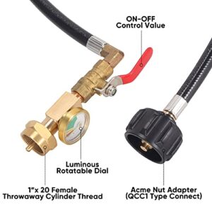 New Updated with Pressure Gauge 36" Propane Refill Adapter Hose,350PSI High Pressure Camping Grill(QCC/Type1 Inlet) 1LB Propane Gas Tank Adapter Connector with ON-Off Control Valve