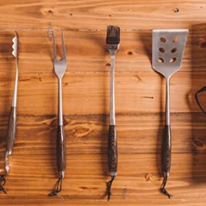 Schmidt Brothers - BBQ Carbon 6, 4-Piece Grilling Accessory Set, Full-Forged Stainless Steel Grilling Utensils Including Spatula, Fork, Basting Brush, and Tongs with All Wood Handles