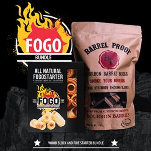 FOGO Fogostarters Natural Fire Starters, 30 Count Box and FOGO Barrel Proof Bourbon Barrel Blocks, Cask Strength Smoking Wood Chunks for Grilling, 2 Pound Resealable Bag, Bundle