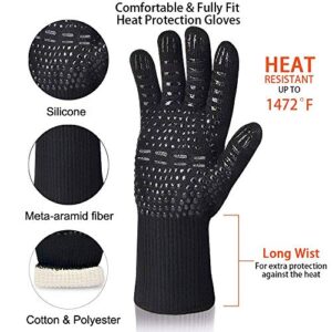 TanmarBBQ Grill Gloves, 1472°F Extreme Heat Resistant Grilling Gloves Non-Slip Oven Mitts Potholder, Perfect for Barbecue, Cooking, Baking, Fireplace, Smoker - 1 Pair (Black)