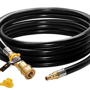 DOZYANT 12 feet Low Pressure Propane Quick-Connect Hose, RV Quick Connect Propane Hose, Quick Disconnect Propane Hose Extension - 1/4” Safety Shutoff Valve & Male Full Flow Plug for RVs