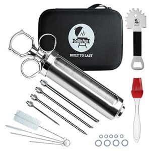 grillin pros advanced meat injector kit for smoking & grilling, stainless steel large 2 oz syringe + measuring window for cooking bbq, brisket, turkey – inject marinade or seasoning for tender flavor