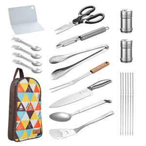 portable camping kitchen utensil set, bbq-21 pcs with carrying bag, stainless steel outdoor cooking and grilling utensil, perfect for travel, picnics, rv, camping