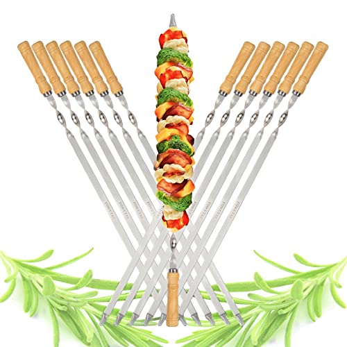 【NEW】23.6" Large Size Kabob Skewers Flat Metal BBQ Barbecue Skewer Wooden Handle Stainless Steel Shish Kabob Stick Wide Reusable Grilling Set Meat Shrimp Chicken Vegetable Kebab Fork Sausage-12PCS