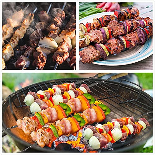 【NEW】23.6" Large Size Kabob Skewers Flat Metal BBQ Barbecue Skewer Wooden Handle Stainless Steel Shish Kabob Stick Wide Reusable Grilling Set Meat Shrimp Chicken Vegetable Kebab Fork Sausage-12PCS