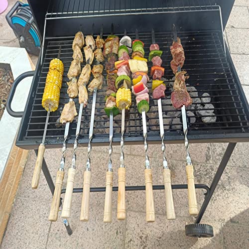 【NEW】23.6" Large Size Kabob Skewers Flat Metal BBQ Barbecue Skewer Wooden Handle Stainless Steel Shish Kabob Stick Wide Reusable Grilling Set Meat Shrimp Chicken Vegetable Kebab Fork Sausage-12PCS