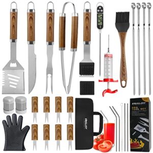 grilljoy 30pcs bbq grill tools set with thermometer and meat injector. extra thick stainless steel fork, tongs& spatula – complete grilling accessories in portable bag – perfect grill gifts for men