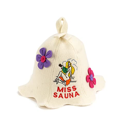 Natural Textile Sauna Hat 'Miss Sauna Flower' White - 100% Organic Wool Felt Hats for Russian Banya - Protect Your Head from Heat - Sauna eBook Guide Included - with Embroidery