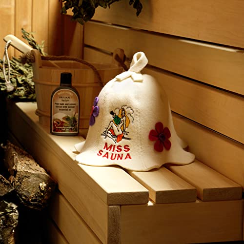 Natural Textile Sauna Hat 'Miss Sauna Flower' White - 100% Organic Wool Felt Hats for Russian Banya - Protect Your Head from Heat - Sauna eBook Guide Included - with Embroidery