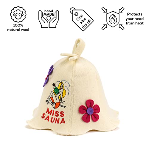 Natural Textile Sauna Hat 'Miss Sauna Flower' White - 100% Organic Wool Felt Hats for Russian Banya - Protect Your Head from Heat - Sauna eBook Guide Included - with Embroidery