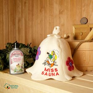 Natural Textile Sauna Hat 'Miss Sauna Flower' White - 100% Organic Wool Felt Hats for Russian Banya - Protect Your Head from Heat - Sauna eBook Guide Included - with Embroidery