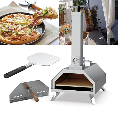 Outdoor Wood Fired Pizza Oven, Portable Stainless Steel Wood Pellet Pizza Oven with 11-Inch Cordierite Pizza Baking Stone and Feed Inlet