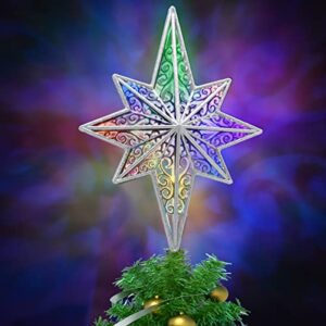 christmas tree topper, yocuby hollow silver star christmas tree topper lighted with led rotating magic ripple light for crown xmas tree topper decoration, wall party holiday déco