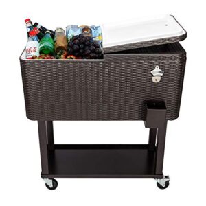 goujxcy 80 quart qt rolling cooler ice chest cart for outdoor patio deck party, dark brown wicker faux rattan tub trolley, portable backyard party drink beverage bar cooler,brown