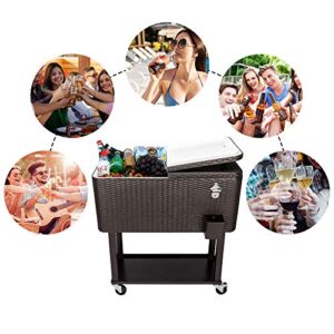 Goujxcy 80 Quart Qt Rolling Cooler Ice Chest Cart for Outdoor Patio Deck Party, Dark Brown Wicker Faux Rattan Tub Trolley, Portable Backyard Party Drink Beverage Bar Cooler,Brown