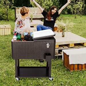 Goujxcy 80 Quart Qt Rolling Cooler Ice Chest Cart for Outdoor Patio Deck Party, Dark Brown Wicker Faux Rattan Tub Trolley, Portable Backyard Party Drink Beverage Bar Cooler,Brown