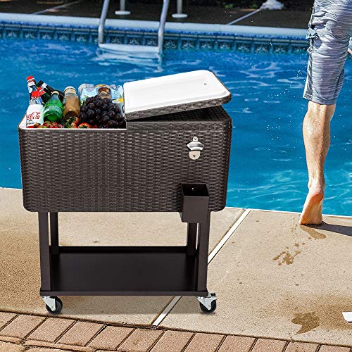 Goujxcy 80 Quart Qt Rolling Cooler Ice Chest Cart for Outdoor Patio Deck Party, Dark Brown Wicker Faux Rattan Tub Trolley, Portable Backyard Party Drink Beverage Bar Cooler,Brown