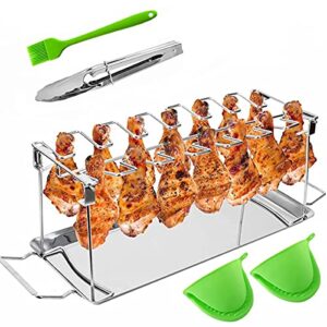 eninfut chicken leg wing grill rack, 14 slots bbq chicken drumsticks stainless steel roaster stand for smoker or oven, with silicone mitts, brush, clip and drip pan, collapsible dishwasher safe