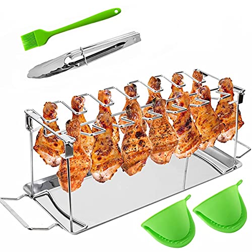 ENINFUT Chicken Leg Wing Grill Rack, 14 Slots BBQ Chicken Drumsticks Stainless Steel Roaster Stand for Smoker or Oven, with Silicone Mitts, Brush, Clip and Drip Pan, Collapsible Dishwasher Safe